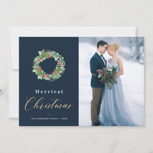 merry christmas wreath lettering blue photo holiday card