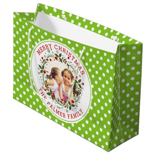 Merry Christmas wreath lime green dots photo Large Gift Bag