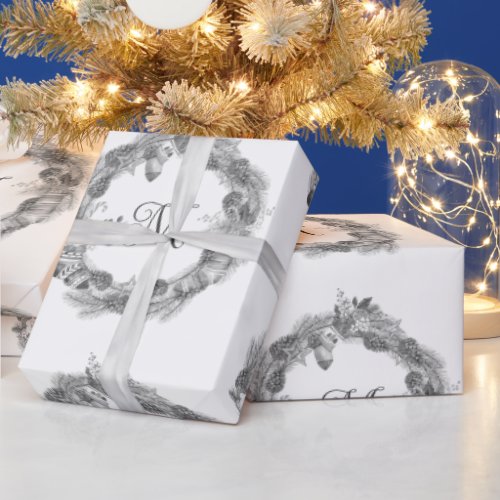 Merry Christmas Wreath Monochrome Black White Wrapping Paper