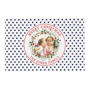 Merry Christmas wreath navy blue and red photo Placemat