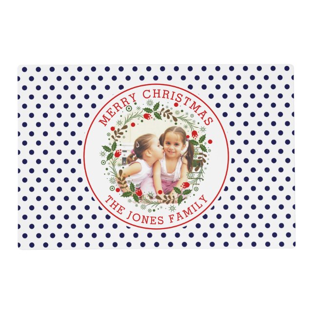 Merry Christmas wreath navy blue and red photo Placemat (Back)