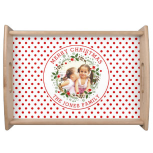 Merry Christmas wreath navy blue and red photo Serving Tray