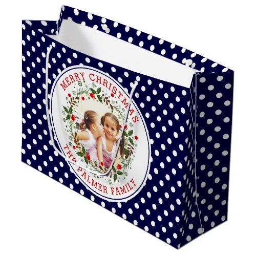 Merry Christmas wreath navy blue dots photo Large Gift Bag