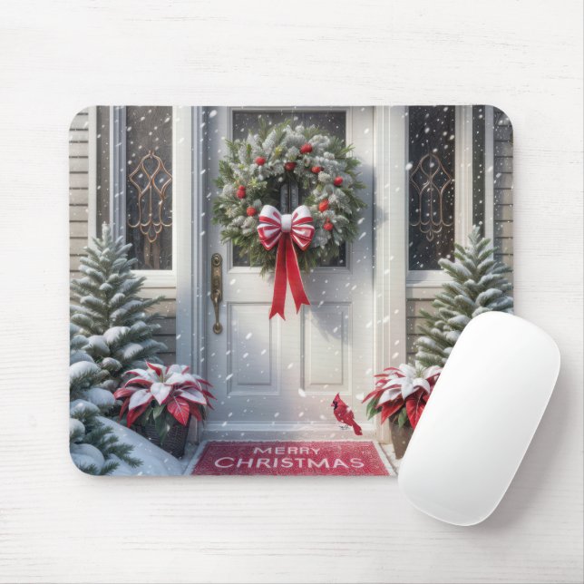 Merry Christmas Wreath On House Door Mouse Pad (With Mouse)
