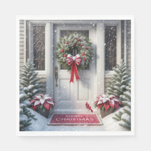 Merry Christmas Wreath On House Door Napkins