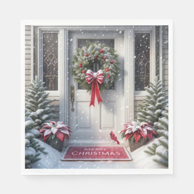 Merry Christmas Wreath On House Door Napkins (Front)
