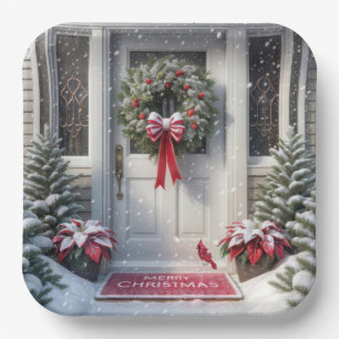 Merry Christmas Wreath On House Door Paper Plates