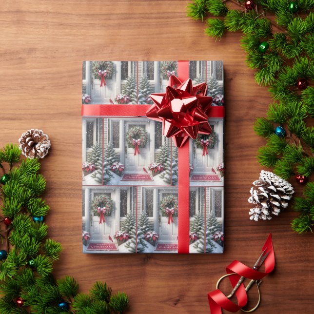 Merry Christmas Wreath On House Door Wrapping Paper (Holiday Gift)