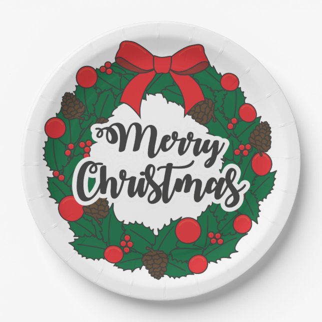 Merry Christmas Wreath Paper Plates (Front)