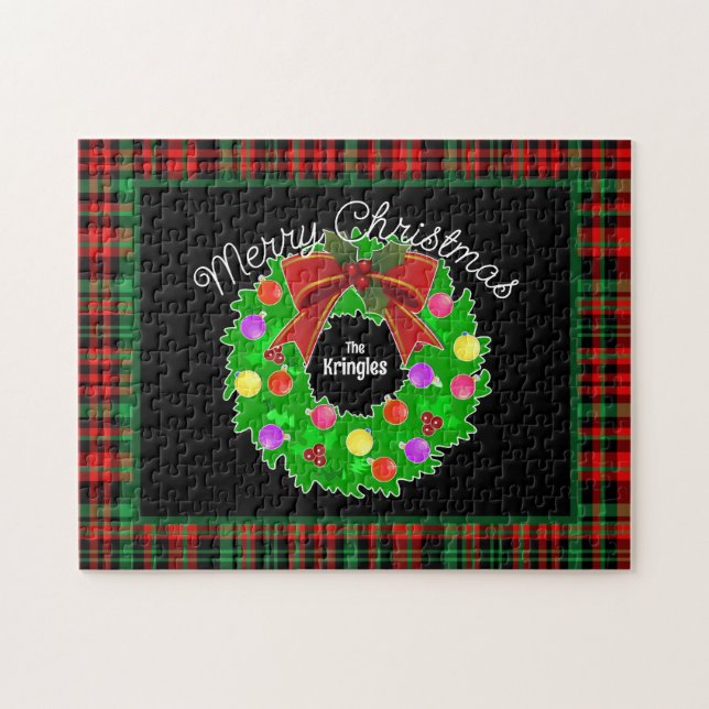Merry Christmas Wreath Personalize Red Green Plaid Jigsaw Puzzle (Horizontal)