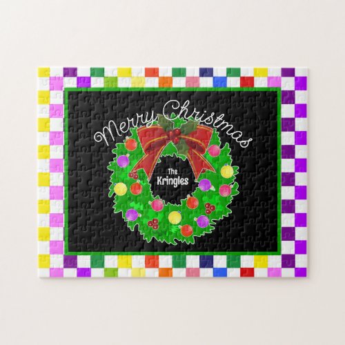 Merry Christmas Wreath Personalized Colorful Jigsaw Puzzle