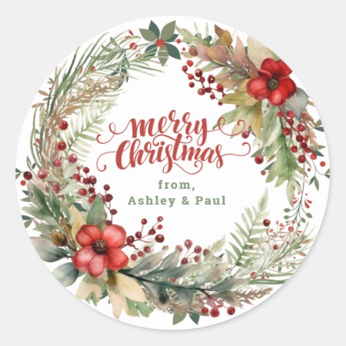 Merry Christmas  Wreath Personalized Holiday Classic Round Sticker