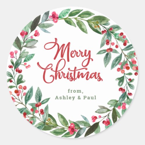 Merry Christmas  Wreath Personalized Holiday Classic Round Sticker