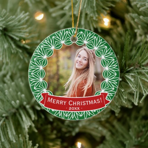Merry Christmas Wreath Personalized Holiday Photo Ceramic Ornament