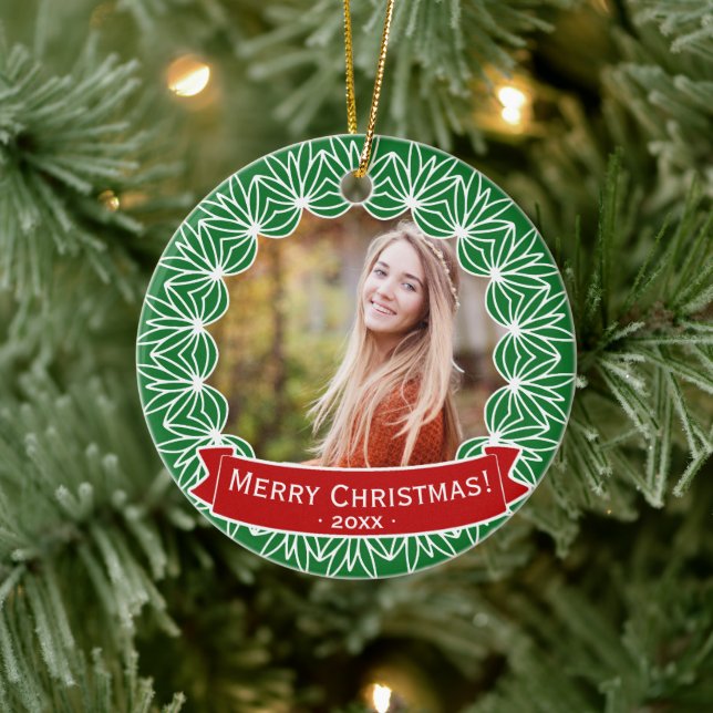 Merry Christmas Wreath Personalized Holiday Photo Ceramic Ornament (Tree)