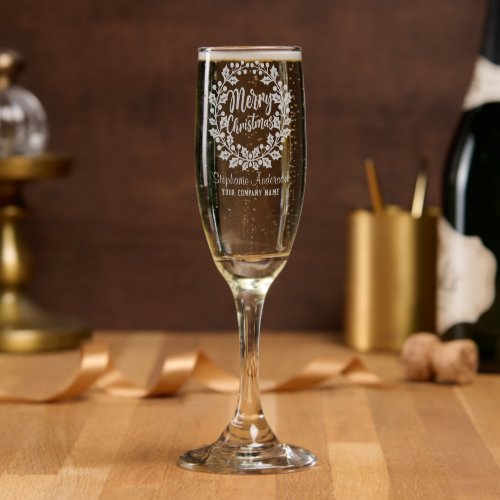 Merry Christmas Wreath Personalized Name Corporate Champagne Flute