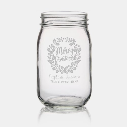 Merry Christmas Wreath Personalized Name Corporate Mason Jar