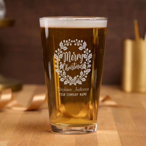 Merry Christmas Wreath Personalized Name Corporate Pint Glass