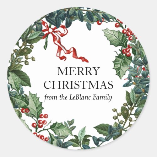 Merry Christmas Wreath Personalized Red Bow Green Classic Round Sticker