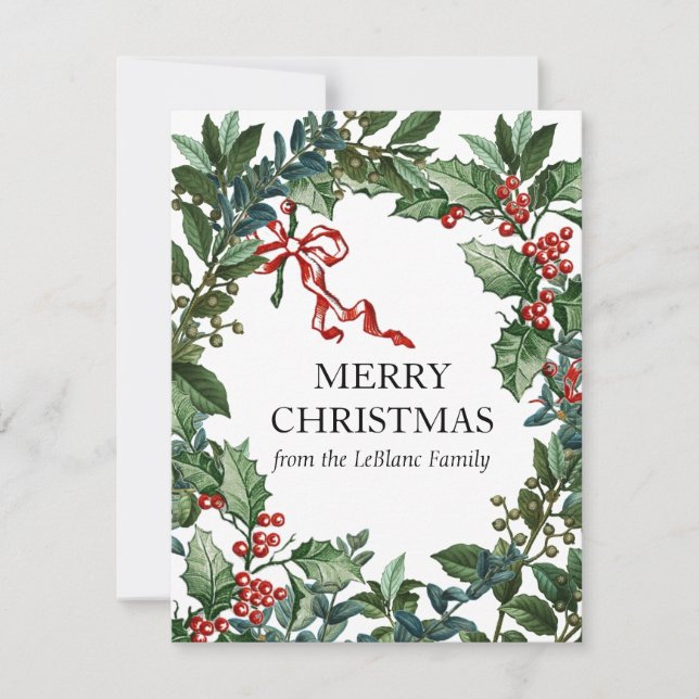 Merry Christmas Wreath Personalized Red Bow Holly Holiday Card (Front)