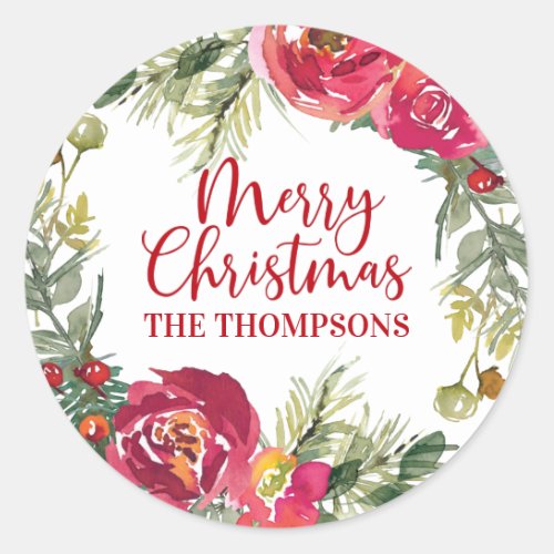 Merry Christmas Wreath Personalized Script Classic Classic Round Sticker