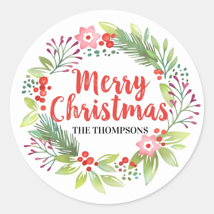 Merry Christmas Wreath Personalized Script Classic Round Sticker Zazzle