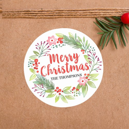 Merry Christmas Wreath Personalized Script Classic Round Sticker