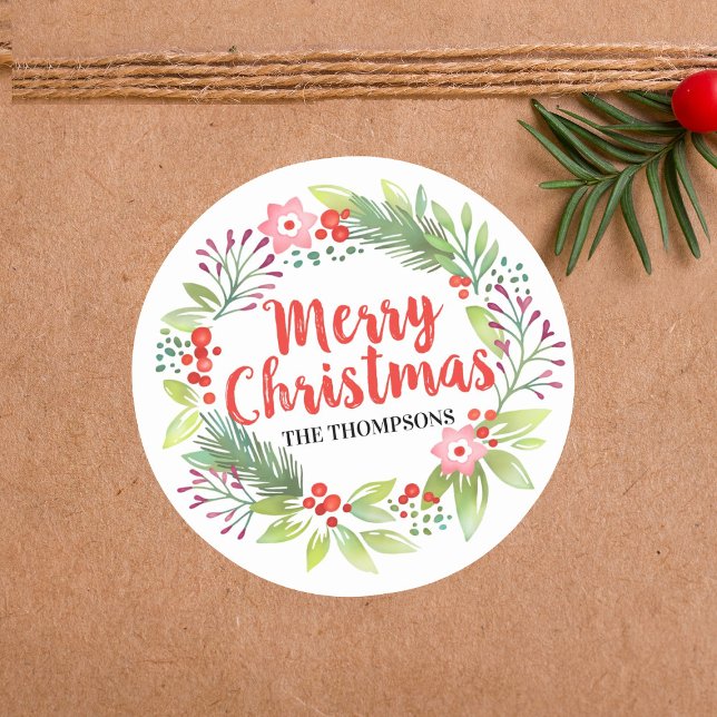 Merry Christmas Wreath Personalized Script Classic Round Sticker (Creator Uploaded)
