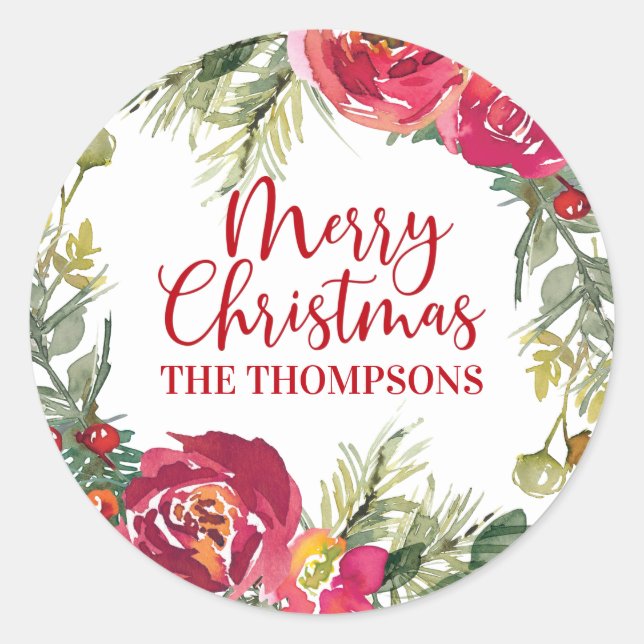 Merry Christmas Wreath Personalized Script Classic Round Sticker (Front)