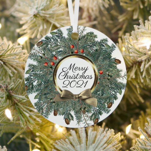 Merry Christmas Wreath Personalized Vintage Gold Metal Ornament