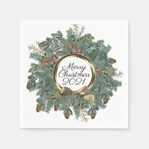 Merry Christmas Wreath Personalized Vintage Gold Napkins