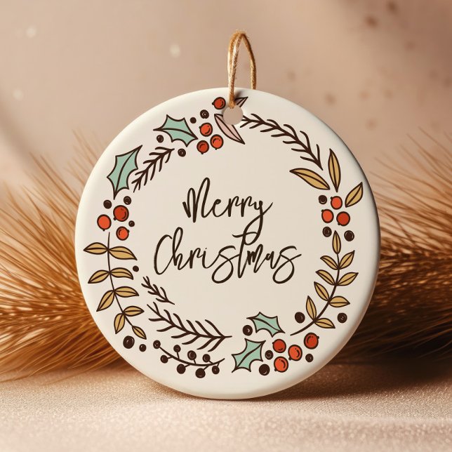 Merry Christmas Wreath Photo Ceramic Ornament (Creator Uploaded)