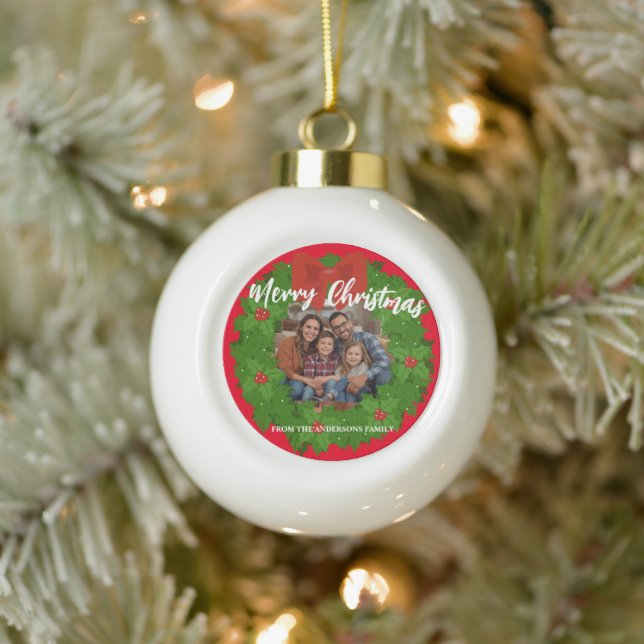 Merry Christmas Wreath Photo Personalized Family N Ceramic Ball Christmas Ornament (Tree)