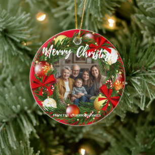 Merry Christmas Wreath Photo Personalized Family N Ceramic Ornament