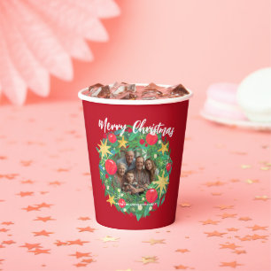 Merry Christmas Wreath Photo Personalized Family N Paper Cups