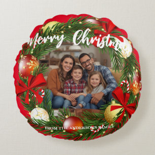 Merry Christmas Wreath Photo Personalized Family N Round Pillow