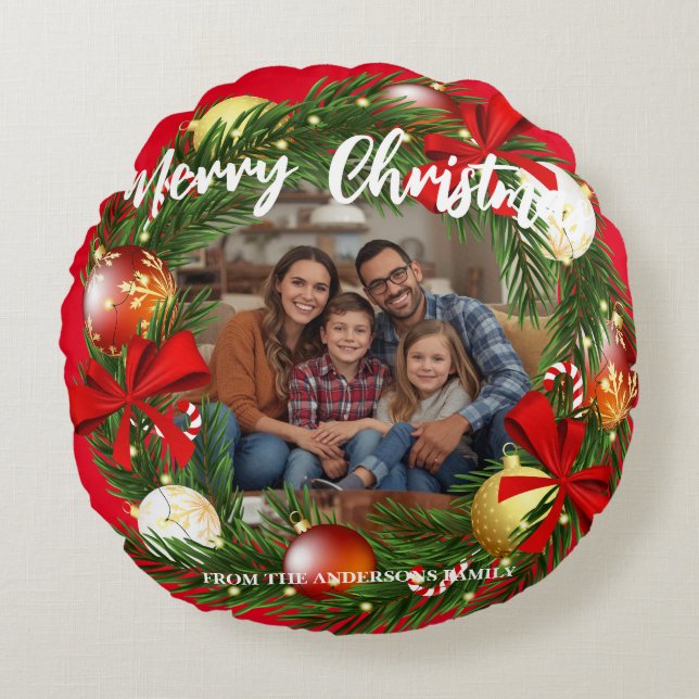 Merry Christmas Wreath Photo Personalized Family N Round Pillow (Front)