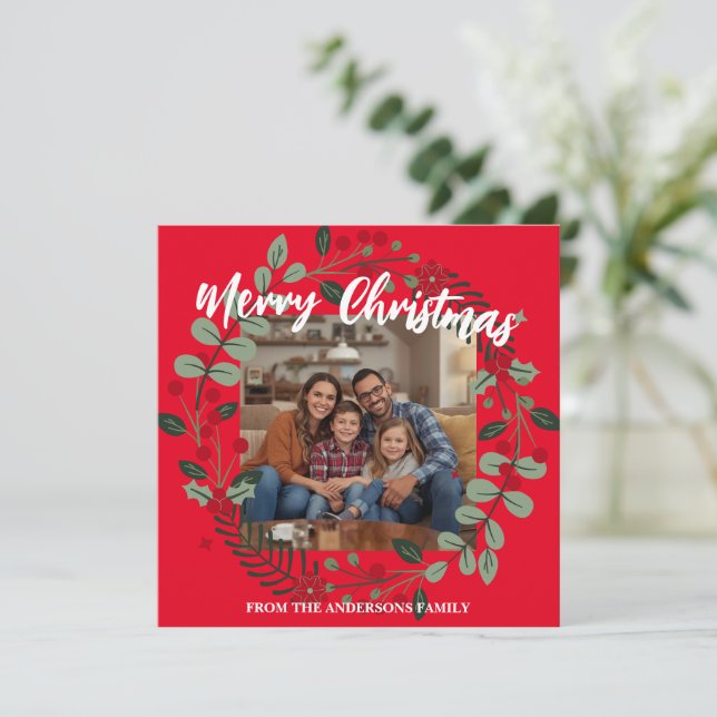 Merry Christmas Wreath Photo Personalized Family N Thank You Card (Standing Front)