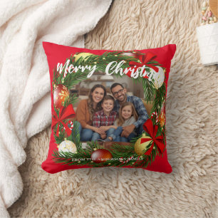 Merry Christmas Wreath Photo Personalized Family N Throw Pillow
