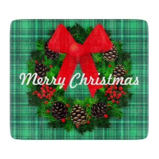 Merry Christmas Wreath Plaid Retro Holiday Cutting Board