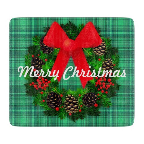 Merry Christmas Wreath Plaid Retro Holiday Cutting Board