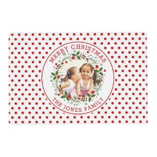 Merry Christmas wreath red and green dots photo Placemat