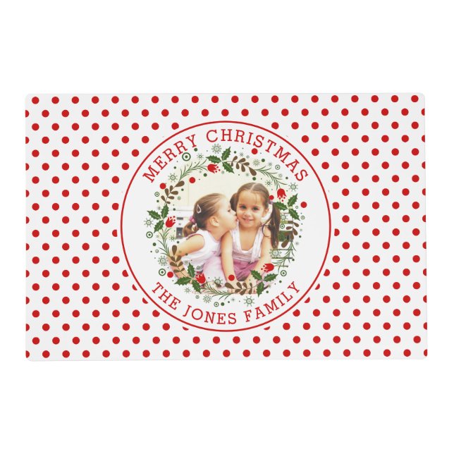 Merry Christmas wreath red and green dots photo Placemat (Front)