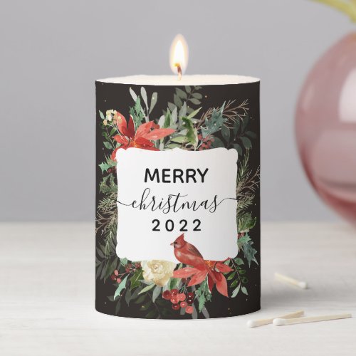 Merry Christmas Wreath Red Cardinal Pillar Candle