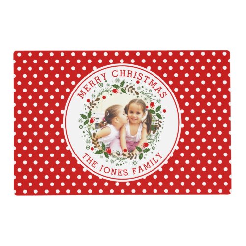 Merry Christmas wreath red green polka dot photo Placemat