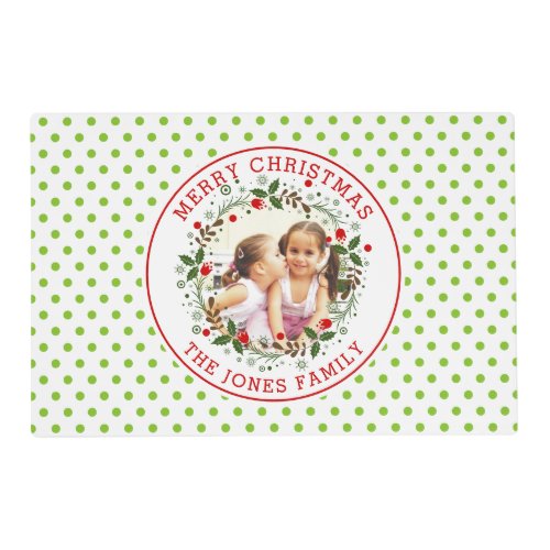 Merry Christmas wreath red lime green dots photo Placemat