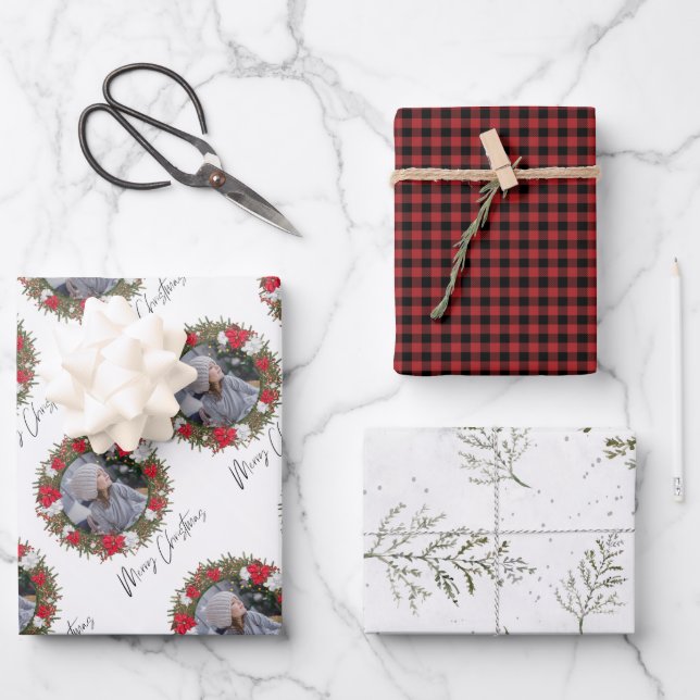 Merry Christmas Wreath Red Paid with Photo Wrapping Paper Sheets (Front)