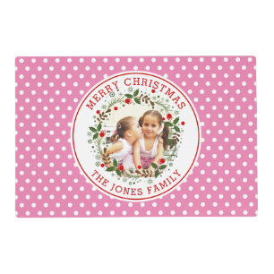 Merry Christmas wreath red, pink dots photo Placemat