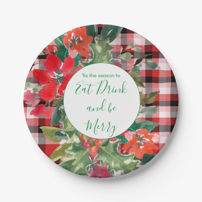 Merry Christmas Wreath Red Plaid Green Paper Plates (Front)