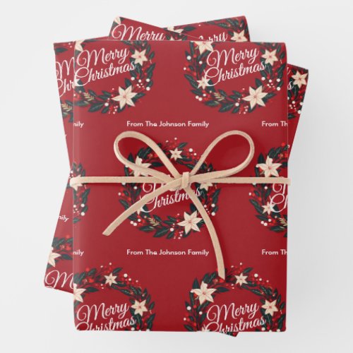 Merry Christmas Wreath Red Poinsettia Family Name Wrapping Paper Sheets